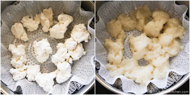 Steaming injeolmi rice cake in a stainless steel steamer