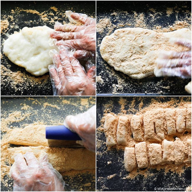 Collage of flattening injeolmi dough, dusting with soybean powder, and cutting into pieces