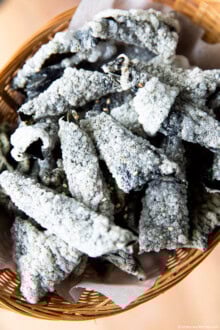 Close up of Korean seaweed chips in a small basket