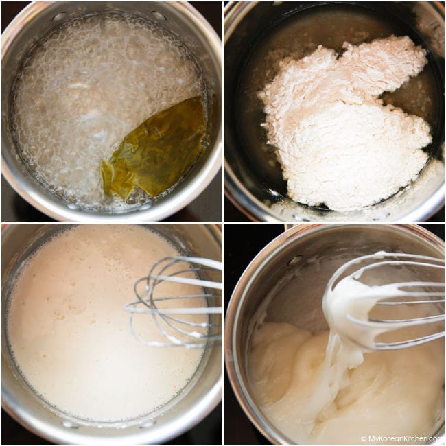 Step by step collage of making glutinous rice paste with dashi water