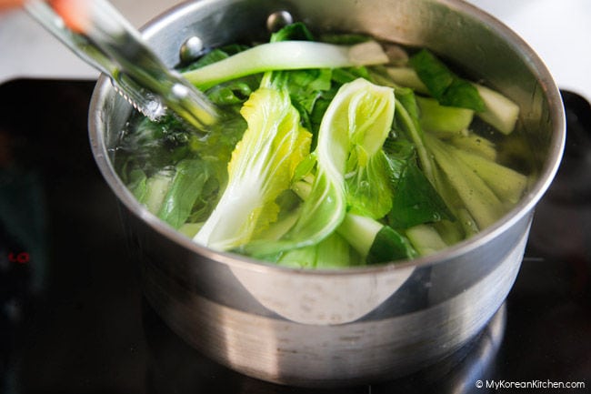 blanching bok choy in boiling water