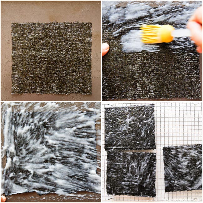 Step by step collage of brushing glutinous rice paste onto seaweed