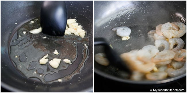 collage of stir-frying garlic and shrimp in a wok