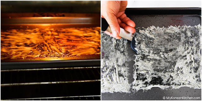 Step-by-step collage showing coated seaweed drying in the oven and a wide spatula lifting the fully dried seaweed sheet
