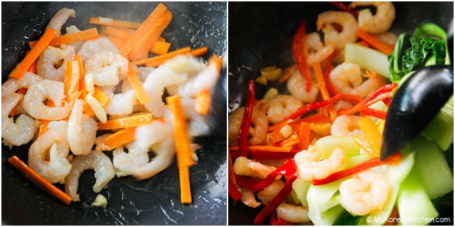 collage of stir-frying shrimp with carrots, adding bok choy, and continuing to stir