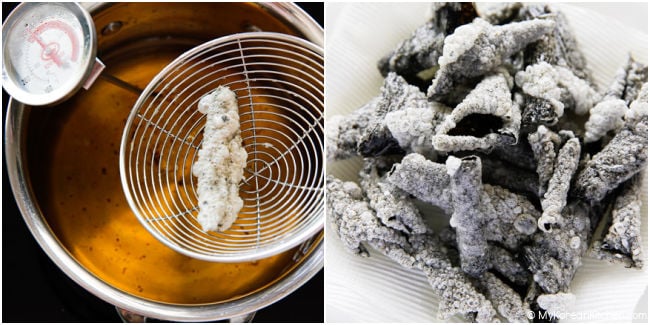 Step by step collage of frying Korean seaweed chips in hot oil and a pile of finished chips on a large white plate