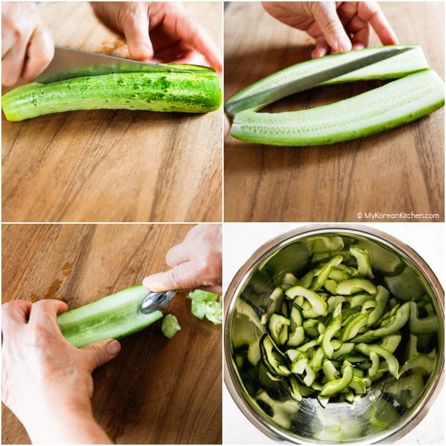 collage showing cucumber with seeds removed and sliced pieces in a bowl