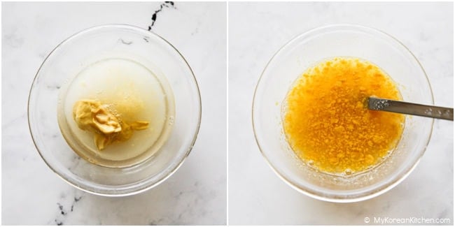 dressing for Korean cucumber crab salad in a small bowl