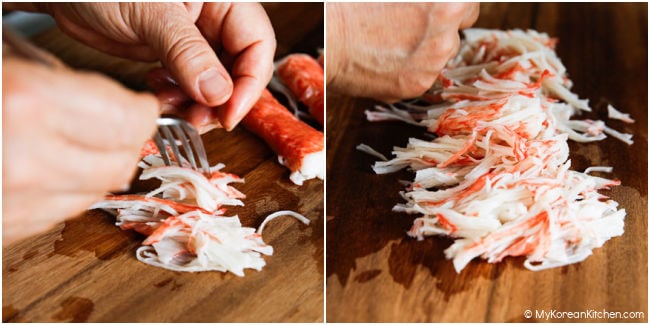 shredding imitation crab using a fork