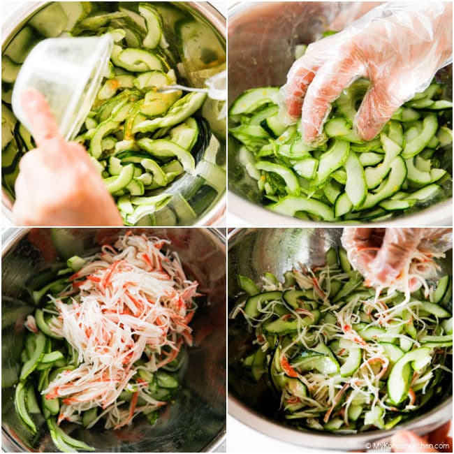collage of adding dressing to sliced cucumber and mixing with shredded crab meat