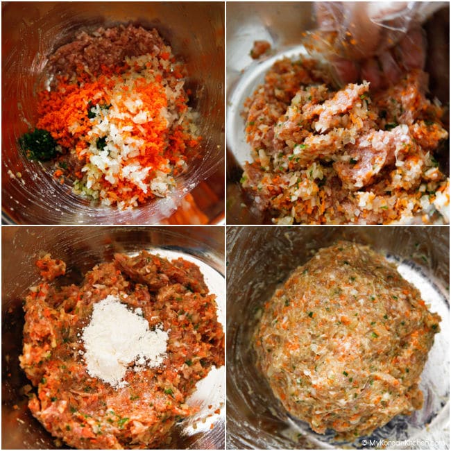 Collage showing minced vegetables being added to seasoned pork, mixed together, then combined with pancake mix for the gochujeon filling.