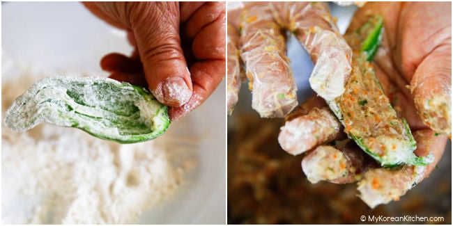 Collage showing flour being dusted inside green chili peppers and the gochujeon filling being added.