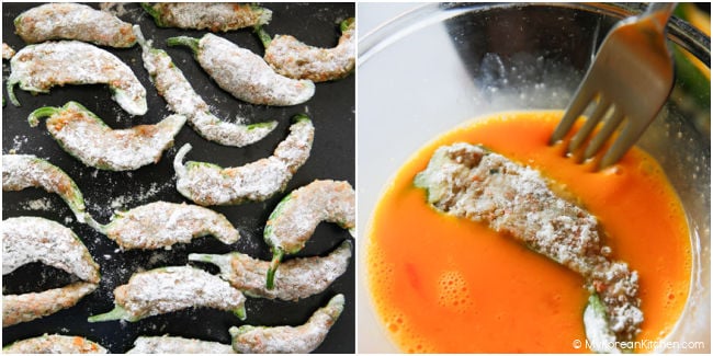 Collage showing stuffed green chili peppers on a baking tray and a stuffed pepper being dipped into egg with a fork.