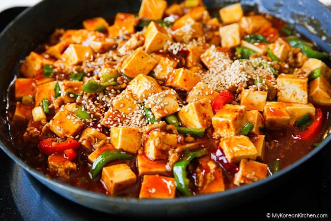 korean mapo tofu ready to serve in a skillet