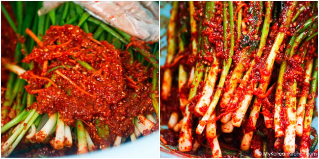 collage showing green onions being coated with kimchi seasoning