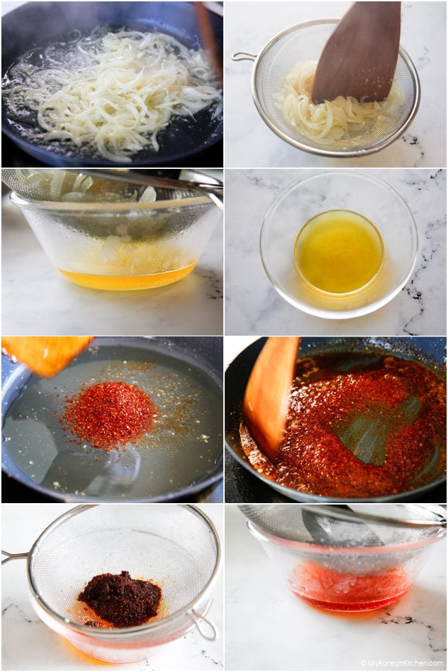Step-by-step collage showing how to make Korean chili oil