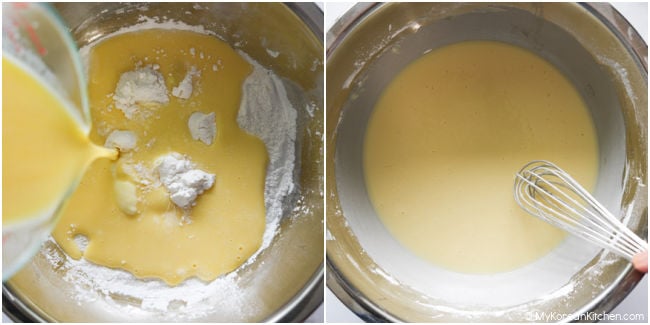 whisking butter tteok batter in a mixing bowl