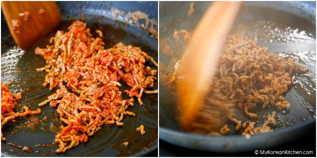 Stir-frying minced pork in Korean chili oil
