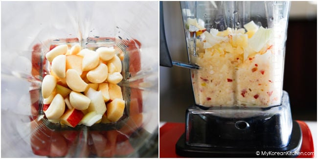 blending apple, onion, garlic, and dried chilies for pa kimchi
