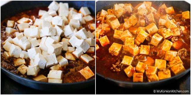 Adding tofu to the mapo tofu sauce in a skillet