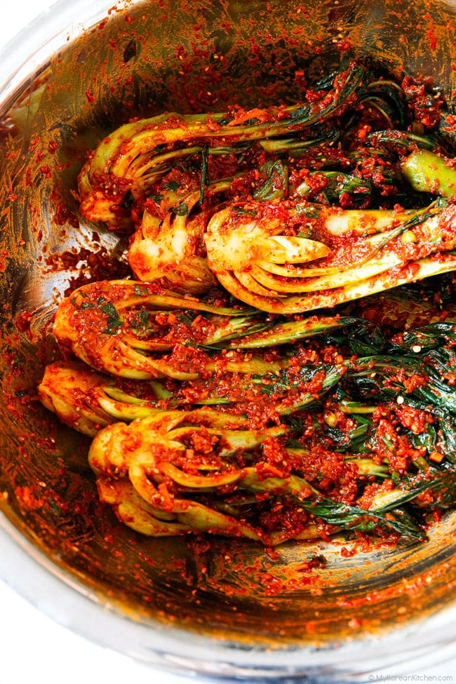 Freshly made bok choy kimchi in a large stainless steel mixing bowl