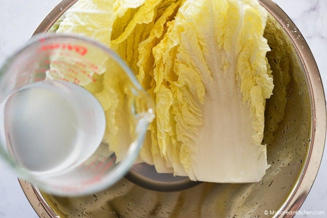 Salt water being poured over napa cabbage leaves.