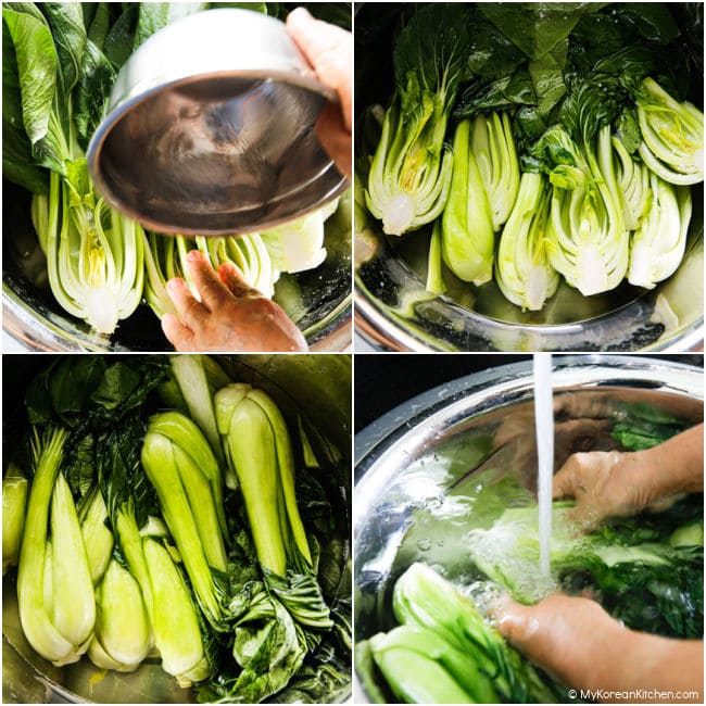Step-by-step process of salting and rinsing bok choy for kimchi
