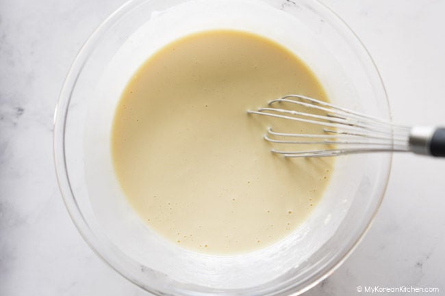 batter prepared for making baechujeon.