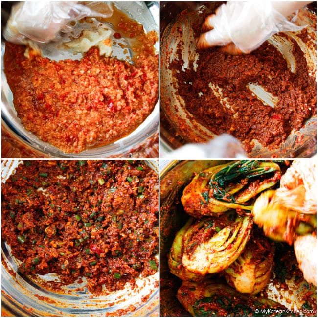 Step-by-step process of mixing bok choy with kimchi seasoning in a stainless steel bowl