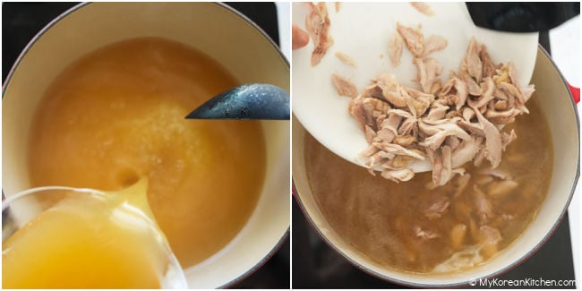 Chicken broth and shredded chicken being added to the rice for dakjuk
