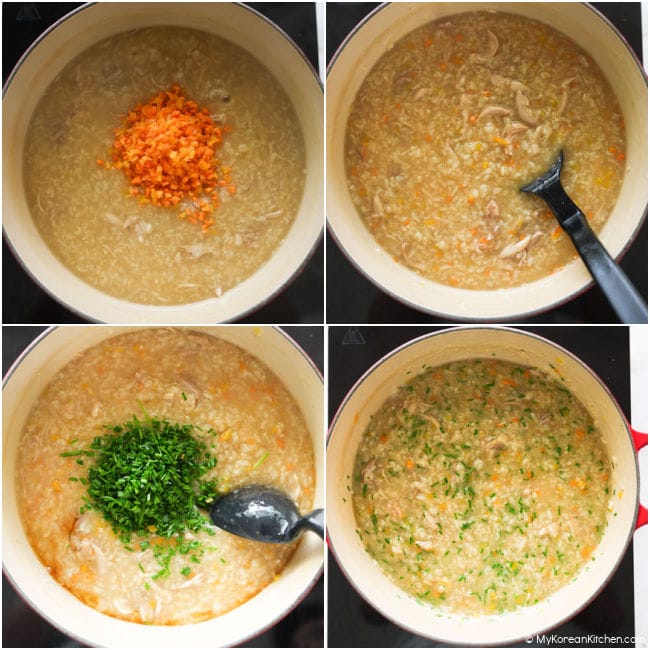 Chopped vegetables being added to the simmering dakjuk
