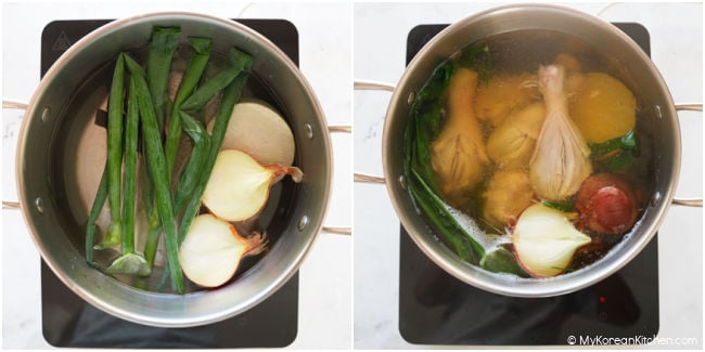 Chicken and aromatic vegetables simmering in water to make broth for dakjuk