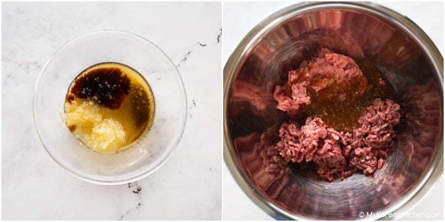 Ground beef and pork mixed with seasoning in a bowl