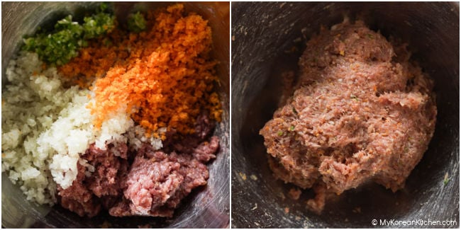 Chopped carrot, onion, and green onion in the meat mixture with Korean pancake mix