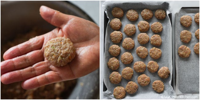 Small round donggeurangttaeng patties arranged on a tray