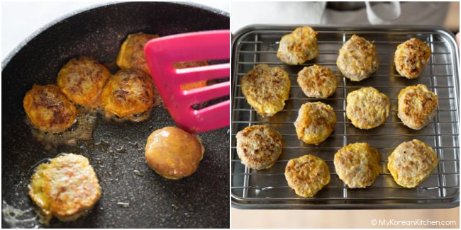 Egg-coated patties cooking in a frying pan