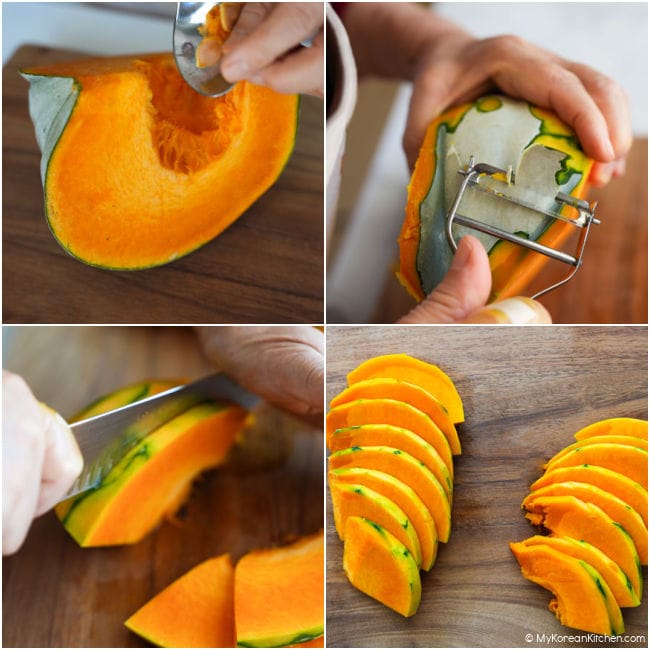 Step-by-step photos showing pumpkin seeds being removed, green skin peeled, and pumpkin cut into thin slices for Korean pumpkin salad.