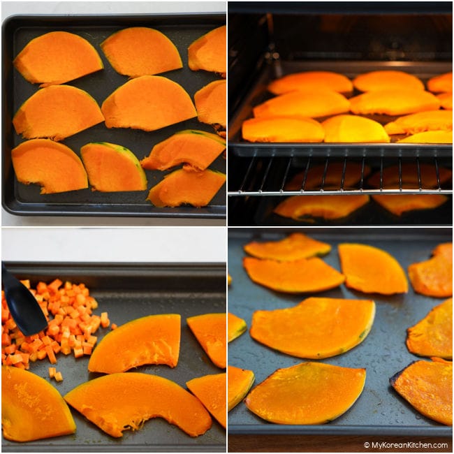 Step-by-step photos showing pumpkin slices arranged on a baking tray, roasting in the oven, and diced carrots added before the vegetables finish roasting.
