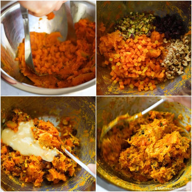 Step-by-step photos showing roasted pumpkin being mashed, then mixed with diced carrots, chopped nuts, dried berries, and creamy dressing to make Korean pumpkin salad.